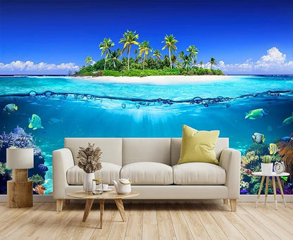 Tropical Islands and Coral Reefs, Waterline Split Landscape Mural, Beach Coconut Tree Wall Mural（Non-self-Adhesive）