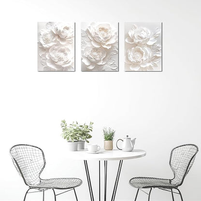 Sepwrol White Flower Canvas Wall Art Modern Abstract Rose Blooming Floral Textured Printing Artwork for Home Bedroom Living Room Wall Decor, 12"x16" 3 Panel (White-2)