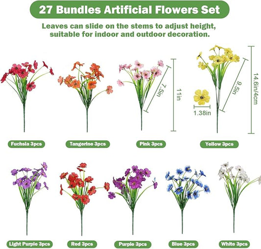 Nepfaivy Artificial Flowers for Outdoors Realistic - 27 Bundles Uv-Resistant Fake Flowers for Outdoor Planters, Fade-Proof Silk Faux Flowers Plants for Outside Garden Porch Window Box Decoration