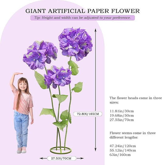 3Pcs Large Hydrangea Flowers Artificial Flower Decoration, Giant Artificial Flower Art Decor for Garden, Hote, Office, Home Farmhouse Decor, Wedding, Art Gallery, Store (Purple)