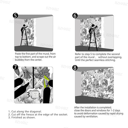 Grey Peony Floral Wallpaper Bedroom Black and White Botanical Flowers Leaf murals Aesthetic Room Decor Living Room tv Background Large Wall Mural - 183"x120" Not Peel and Stick