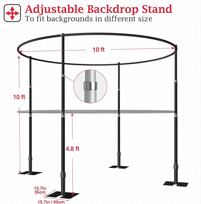 EMART Backdrop Stand Heavy Duty 10x10Ft, Round Pipe and Drape Photo Background Support Kit, Adjustable Metal Frame with Flat Base for Wedding Birthday Party Decorations-Black