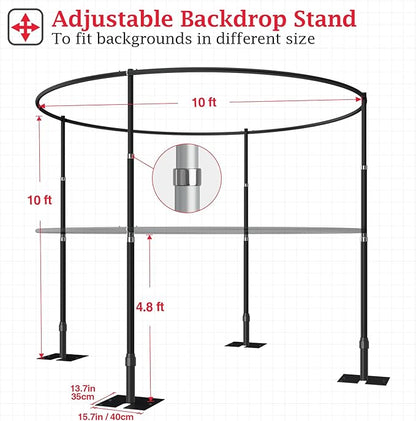 EMART Backdrop Stand Heavy Duty 10x10Ft, Round Pipe and Drape Photo Background Support Kit, Adjustable Metal Frame with Flat Base for Wedding Birthday Party Decorations-Black