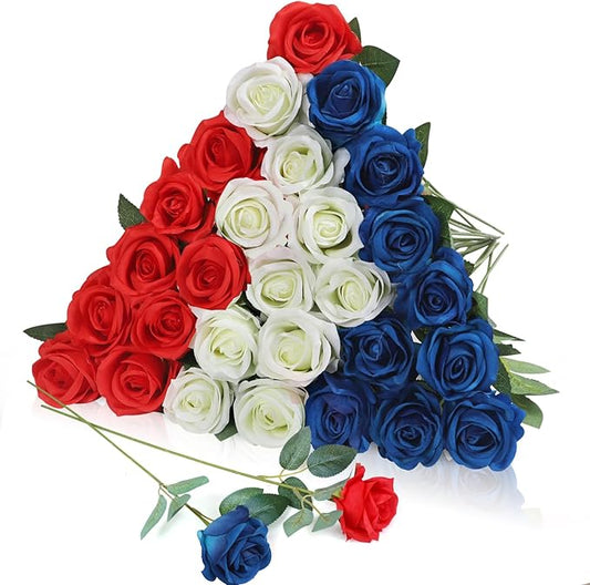 30pcs Fake Roses Artificial Silk Flowers Long Stems Bouquet for Wedding Bridal Shower Party Home Decoration (Red,White,Blue)