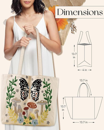 Aesthetic Embroidery Tote Bag for Women - Reusable Canvas Cute Shoulder Bag for Shopping, Grocery, Work, Book