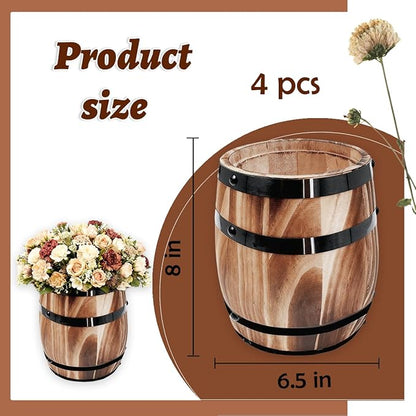 Sunmuliiiy4Pcs Wood Wine Barrel Vase 8" x 6.5" Rustic Wooden Flower Vase Rustic Barrel Barrel Planter for Wedding Reception Table Decoration Home Indoor Outdoor Garden, Kitchen, Party Table Decoration