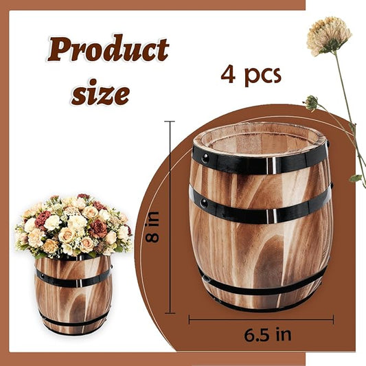 Sunmuliiiy4Pcs Wood Wine Barrel Vase 8" x 6.5" Rustic Wooden Flower Vase Rustic Barrel Barrel Planter for Wedding Reception Table Decoration Home Indoor Outdoor Garden, Kitchen, Party Table Decoration