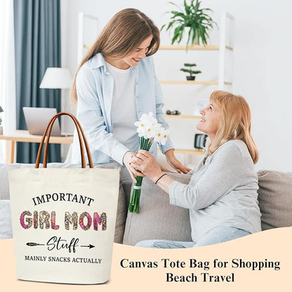 Canvas Tote Bag for Women, Important Stuff Bag with Leather Handle, Reusable Grocery Bags for Shopping Beach Travel