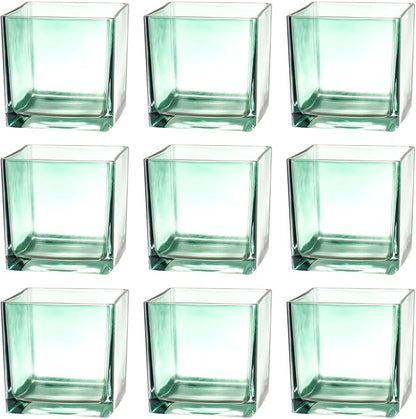 Square Glass Vases Set of 9, 4"x 4"x 4" Flower Vases for Centerpieces, Green Glass Vase for Flowers, Small Vase for Wedding, Party, Home Office Decoration