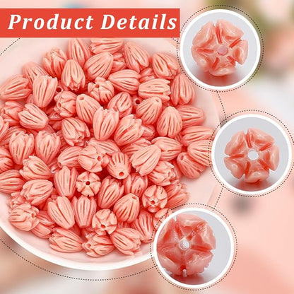 1 Box 100Pcs Carved Coral Beads 8mm Flower Beads 3D Pink Jasmine Artificial Floral Dyed Synthetic Coral Small Smooth Loose Spacers Findings for Jewelry Making Bracelets Necklaces DIY Crafts