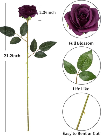 uHouse 10pcs Fake Roses Artificial Silk Flowers Faux Rose Flower Long Stems Bouquet for Arrangement Wedding Centerpiece Party Home Kitchen Decor(Plum)