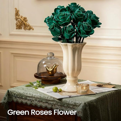 iATOM Green Rose Bouquet Building Set, Artificial Flowers Botanical Collection for Adults, Gift for Christmas and Valentines Day - Retro Home Office Table Centerpiece Decor - IA11018