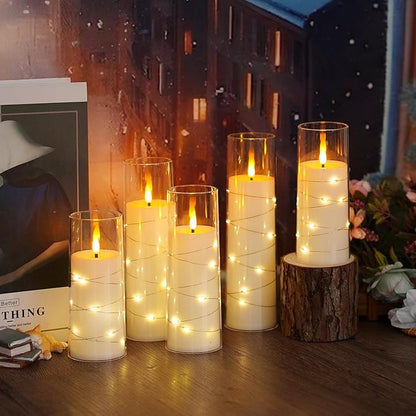 Flameless LED Candles with Timer 5 Pc Flickering Flameless Candles for Romantic Ambiance and Home Decoration Stable Acrylic Shell,with Embedded Star String，Battery Operated Candles（White）