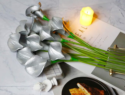 DuHouse 20Pcs Artificial Calla Lily Flower Real Touch Latex Flowers for DIY Wedding Bouquet Party Home Decor (925 Silver)