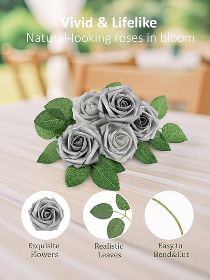 N&T NIETING Roses Artificial Flowers, 50Pcs Fake Flowers Foam Roses with Stems for DIY Wedding Bridesmaid Bridal Bouquets Centerpieces Party Home Decoration Baby Shower, Silver White and Silver Grey