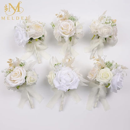 Meldel Set of 6 Wedding Flowers Fake Rose Mini Bridesmaid Bride Bouquets Ivory White Small Floral Wedding Centerpieces Decor Artificial Flower Arrangements for Tables Home Party Decorations