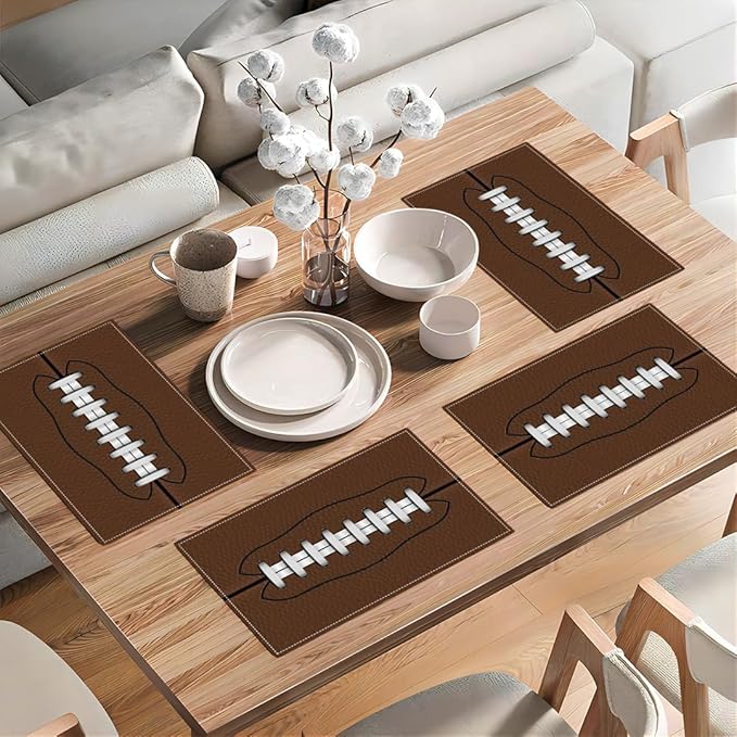 Football Placemats Set of 4, American Sports Double-Sided Table Mats for Home Party Indoor 4 PCS 12x18 Inch