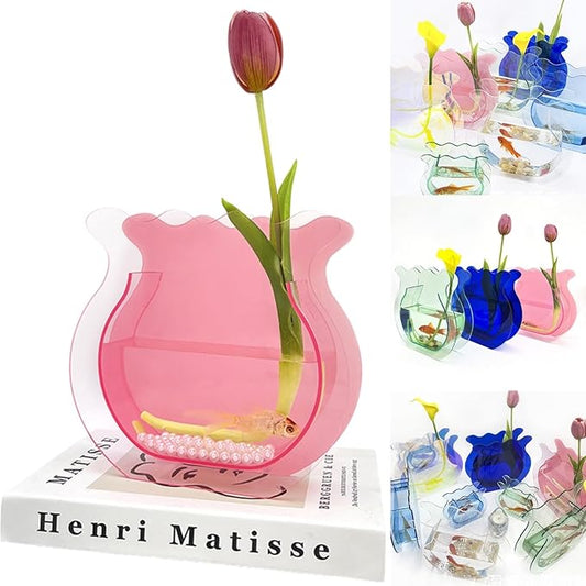 Acrylic Fish Bowl Flower Vase for Small Fish or Plant, Frosted Pink Acrylic Decorative Vase for Home Office, Modern Minimalist Bud Design Tabletop Décor (Frosted Pink, Regular Size)