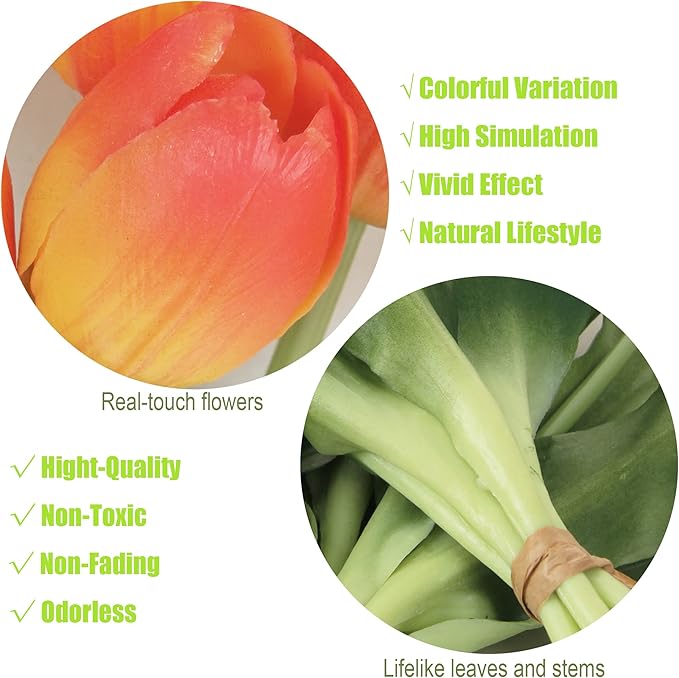 20pcs Artificial Tulip Flowers,16 Inch Real Touch Tulip Stems with Faux Leaves, Faux Tulips and Buds for Home Décor Centerpiece Ornament Wedding Bouquet,Orange