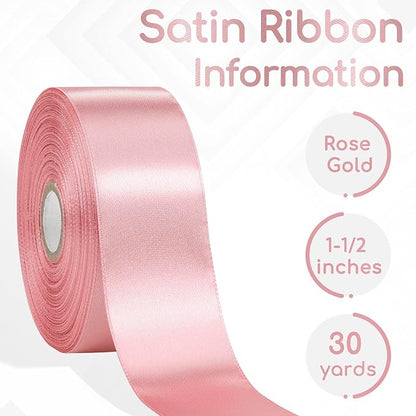 Rose Gold Satin Ribbon 1-1/2 Inch 30 Yards, Rose Gold Ribbon for Flower Bouquet, Gift Wrapping, Crafts, Birthday, Christmas, Wedding and Bow Making