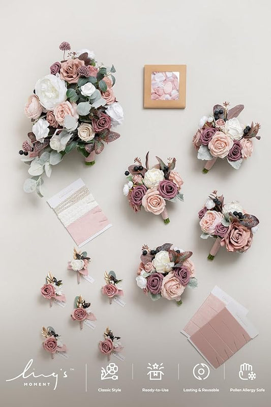 Ling's moment Wedding Artificial Flowers Package, Bridal Bouquet, Bridesmaid Bouquets, Boutonniere for Men, Rose Petals.Dusty Rose Muave