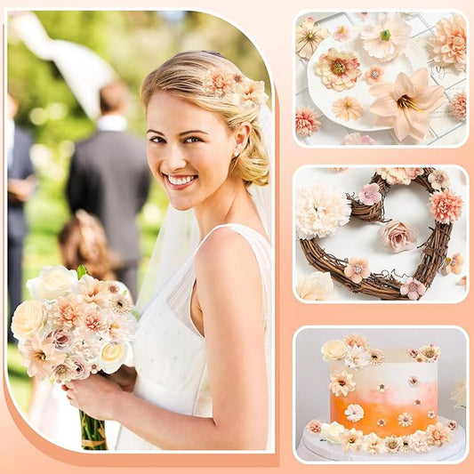 Fake Flowers Heads Bulk Champagne Mini Artificial Silk Flower for Crafts, Small Artificial Daisy Roses Faux Flowers for Graduation Cap DIY Cake Wedding Party Home Garland Decoration