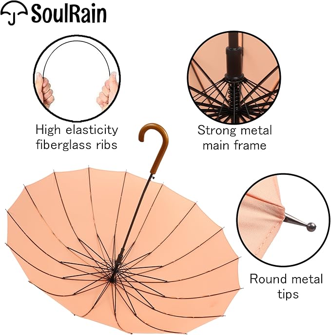 SoulRain 16 Ribs 48" Stick Umbrella Auto Open Solid Color Fashionable and Simple，Arc Classic Wood Handle，Windproof Unbreakable Stick Rain Umbrella