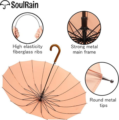 SoulRain 16 Ribs 48" Stick Umbrella Auto Open Solid Color Fashionable and Simple，Arc Classic Wood Handle，Windproof Unbreakable Stick Rain Umbrella