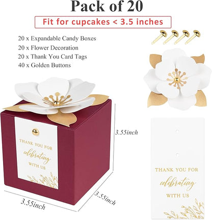 FEIYI 20 PCS Burgundy Gift Boxes, 3 In 1 Favor Boxes with Floral Decor, White Thank You Tags Gift wrapping for Wedding, Christmas, Baby Shower, Birthday, Decorations Party - 3.55x3.55x3.55