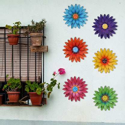hogardeck Metal Flower Wall Decor - 6 PCS 8" Multicolor Flower Decor for Indoor Outdoor, Sunflower Kitchen Decor Floral Metal Wall Art, Sunflower Wall Decor for Bathroom, Living Room, Porch, Garden, Yard