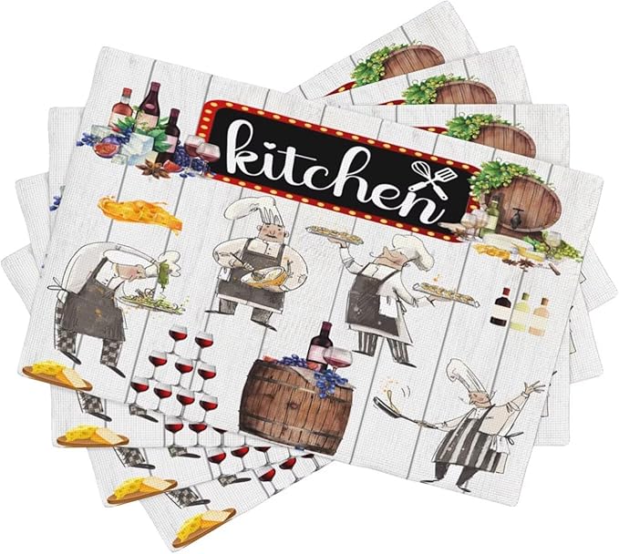 Chef Kitchen Linen Placemats Set of 4 Wine Cooking Theme Placemats for Indoor Outdoor Party Home Desktop Dining Room Decor 12x18 Inch