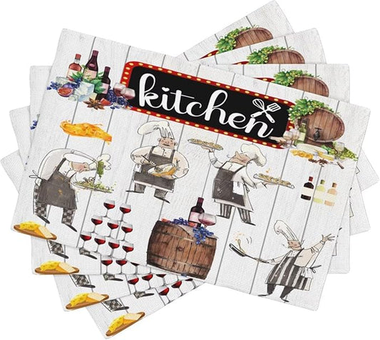 Chef Kitchen Linen Placemats Set of 4 Wine Cooking Theme Placemats for Indoor Outdoor Party Home Desktop Dining Room Decor 12x18 Inch