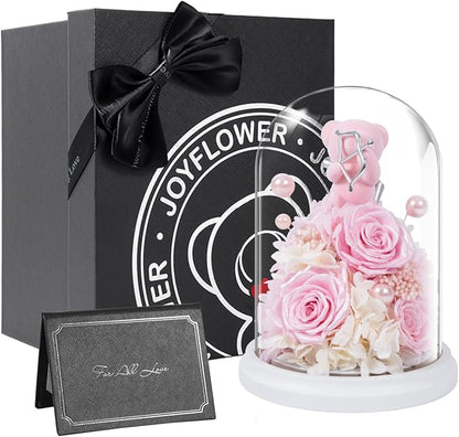 JoyFlower Preserved Flowers with Teddy Bear, Unique Pearl Roses Birthday Gifts for Women, Eternal Flower Rose Bear with Gift Box for Mom Girlfriend Wife on Valentine's, Mother's Day, Anniversary(Pink)