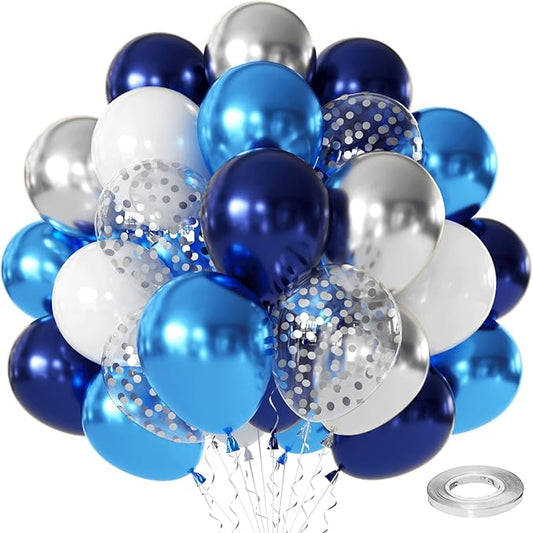 Blue White Silver Confetti Balloons, 50pcs 12 Inch Metallic Blue and Silver Balloons Clear White Confetti Latex Balloons for Birthday Wedding Anniversary Gender Revea Bridal Shower Party Decorations