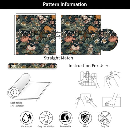 Vintage Maximalism Lotus Floral Animals Forest Green Leaf Peel and Stick Wallpaper Easy Peel Off Stick on Adhesive Wall Paper for Waterproof Renter