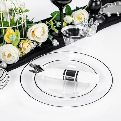 SUT 175 Pcs Black and Clear Plastic Dinnerware Set for 25 Guests, Include: 25 Dinner Plates, 25 Dessert Plates, 25 Pre Rolled Napkins With Silverware, 25 Cups, Disposable Plates for Party