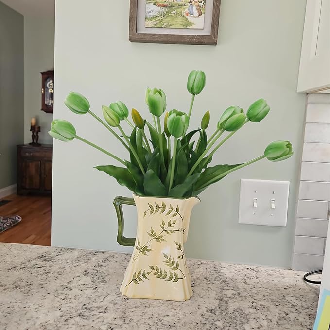 15 Pcs Green Artificial Flowers Tulips Real Touch Latex Plastic Soft Faux Bouquets for Party, Wedding, Home, Room, Garden Decor