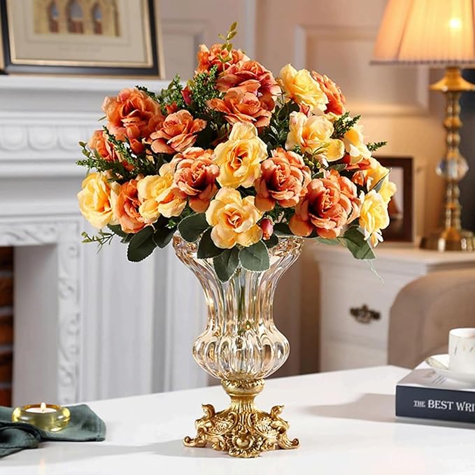 Artificial Flowers in Vase Set – Retro European Style Golden Crystal Glass Vase with Orange Faux Flowers, Carved Decorative Centerpiece for Table, Entryway, or Living Room