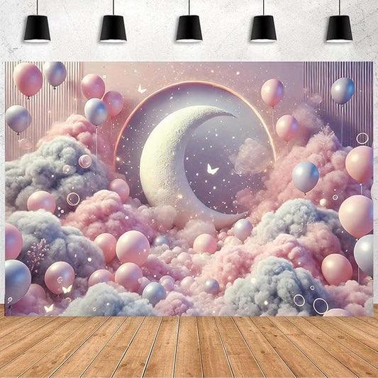 Dreamy Moon and Balloons Backdrop Pink Dreamy Balloon Moon Baby Birthday Decoration Kids Portrait Photo Backdrop Newborn Baby Photography Background (8x6feet)