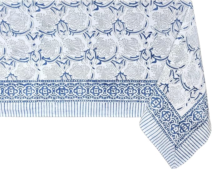 ATOSII ‘Santorini’ 100% Cotton Fall Tablecloth, Handblock Print Blue Rectangle Table Cloth for Kitchen I Dining Table Linen I Parties Wedding Christmas Thanksgiving I Fall Decor 60 X 90 Inches