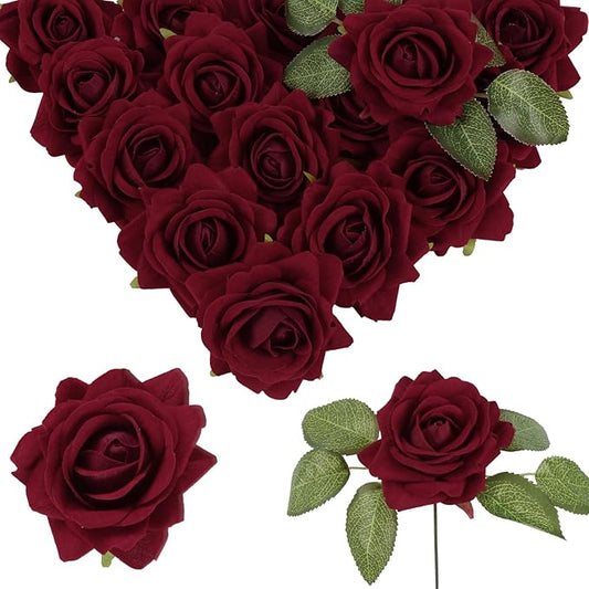 Burgundy Roses 16pcs Velvet Artificial Roses Maroon Flowers 3.15" Silk Roses for Bridal Bouquet Wedding Flowers for Floral Centerpieces Home Party Decor (Burgundy)