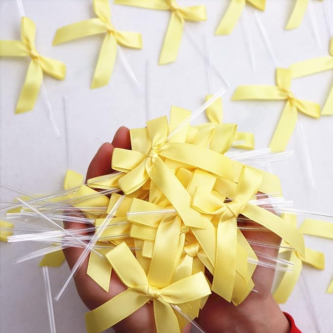 50 Pack 3" Satin Twist Tie Bows, Twist Bows for Treats, Ribbon Bows with Twist Ties Gift Wrap Bows, Pretied Bows Ties for Cake Pops, Baby Shower, Sweets Packaging, Party Favors, Gifts (Yellow)