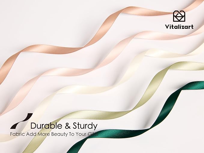 Vitalizart Ribbons for Crafts 3/8" x 50 Yd Satin Ribbon Double Face Gift Wrapping Silk Like Fabric Flower Bouquet Birthday Party Decorations Bridal Shower Wreath Hair Continuous Green Cream Nude