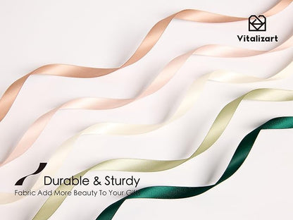 Vitalizart Ribbons for Crafts 3/8" x 50 Yd Satin Ribbon Double Face Gift Wrapping Silk Like Fabric Flower Bouquet Birthday Party Decorations Bridal Shower Wreath Hair Continuous Green Cream Nude