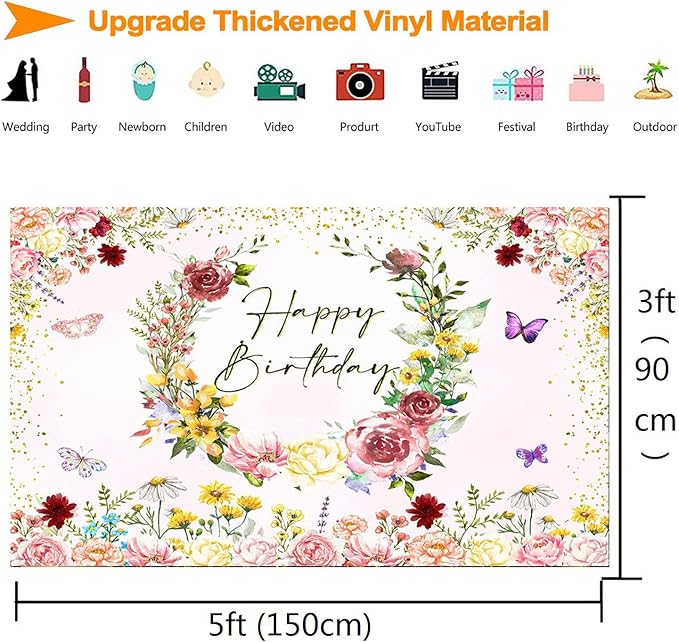 InMemory Spring Wildflower Backdrop Wild flower Birthday Decorations for Girl,Watercolor Butterfly Floral Happy Birthday Banner Background for Wildflower 1st Bday Party Supplies Photobooth Props 5x3ft