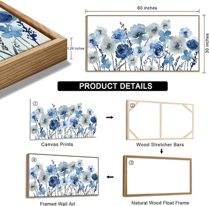 Framed Flowers Canvas Wall Art - Indigo Floral Canvas Pictures Living Room Wall Decor Botanical Canvas Prints Painting Abstract Artwork Bedroom Office Home Decor 29"x 58"