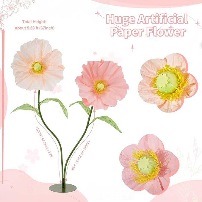 B-COOL Artificial Giant Flowers for Wedding Decoration: Pink Huge Flowers 5.58 ft Large Paper Flower Champagne Faux Floral for Reception Arrangements Photographic Props Party Background Decor