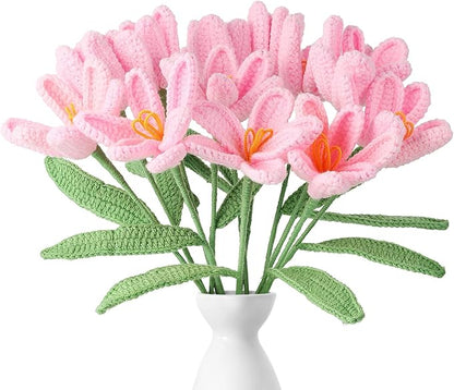 YoungJoy Crochet Rose 12 Pcs Handmade Knitted Flowers Tulip Sunflower Daisy Heart Artificial Knitted Floral Mother Day Graduation Home Decor(White Tulip)