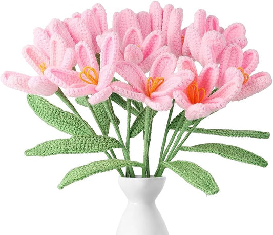 YoungJoy Crochet Rose 12 Pcs Handmade Knitted Flowers Tulip Sunflower Daisy Heart Artificial Knitted Floral Mother Day Graduation Home Decor(White Tulip)