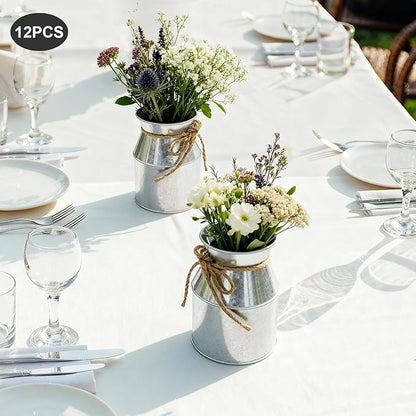 Flower Vase Decor, Farmhouse Metal Galvanized Milk Can Jug Vase with Bow, Flower Buckets for Artificial Flowers for Table Centerpiece Weddings(Silver)